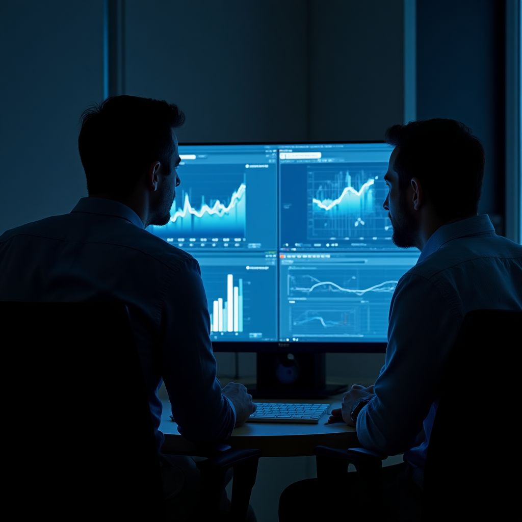 Dos analistas discutiendo apasionadamente sobre un gráfico en una pantalla.