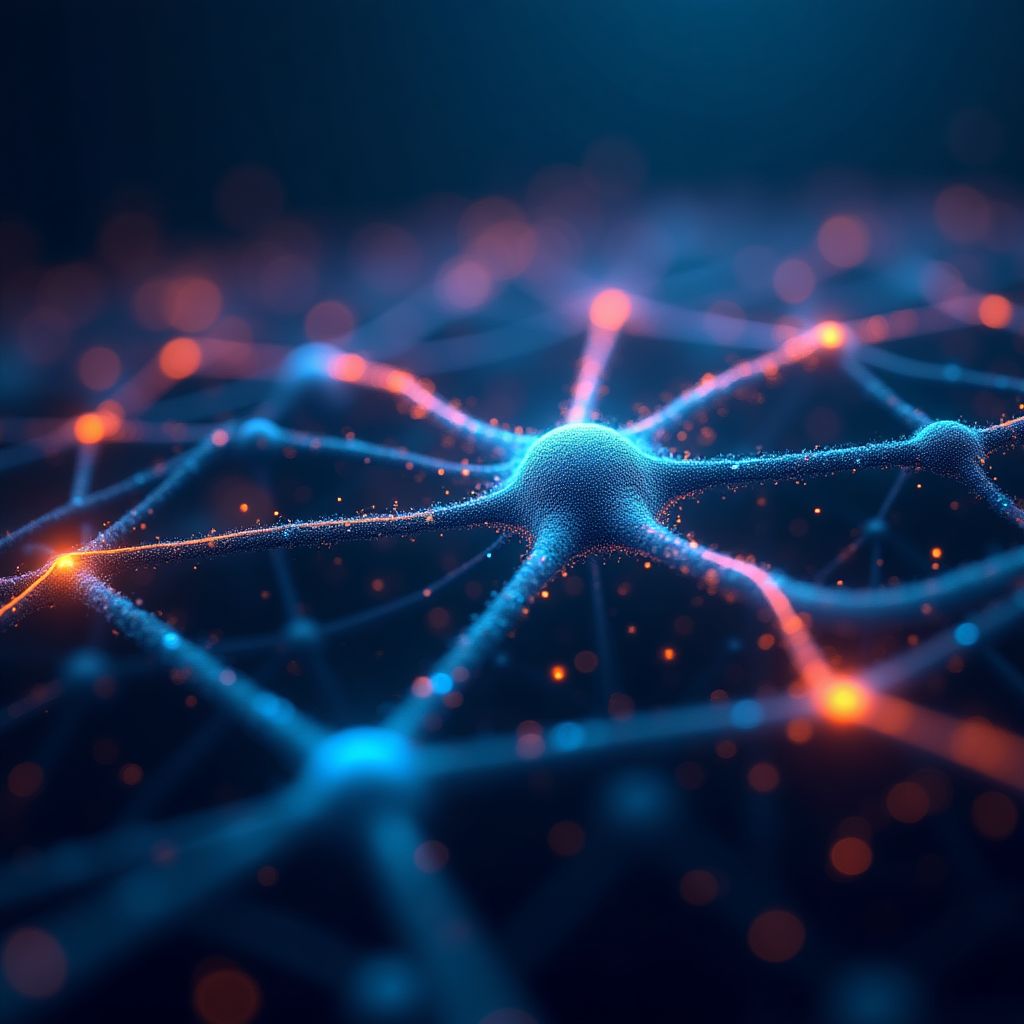 Visualización abstracta de redes neuronales y flujos de datos.