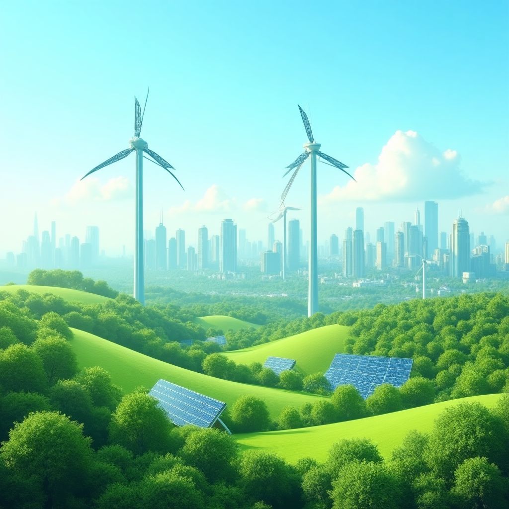 Paisaje con turbinas eólicas y paneles solares integrados en una ciudad verde.