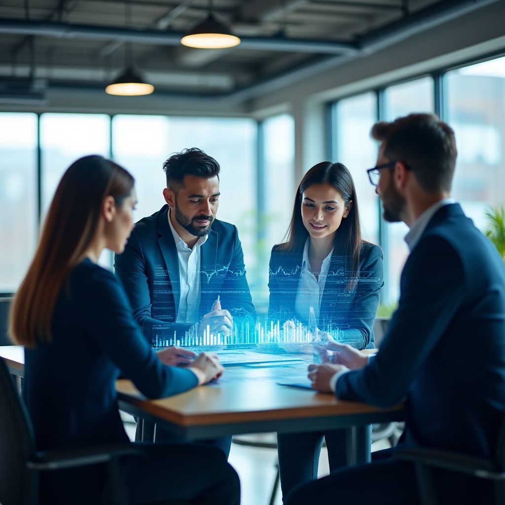 Equipo de analistas colaborando en una oficina moderna.